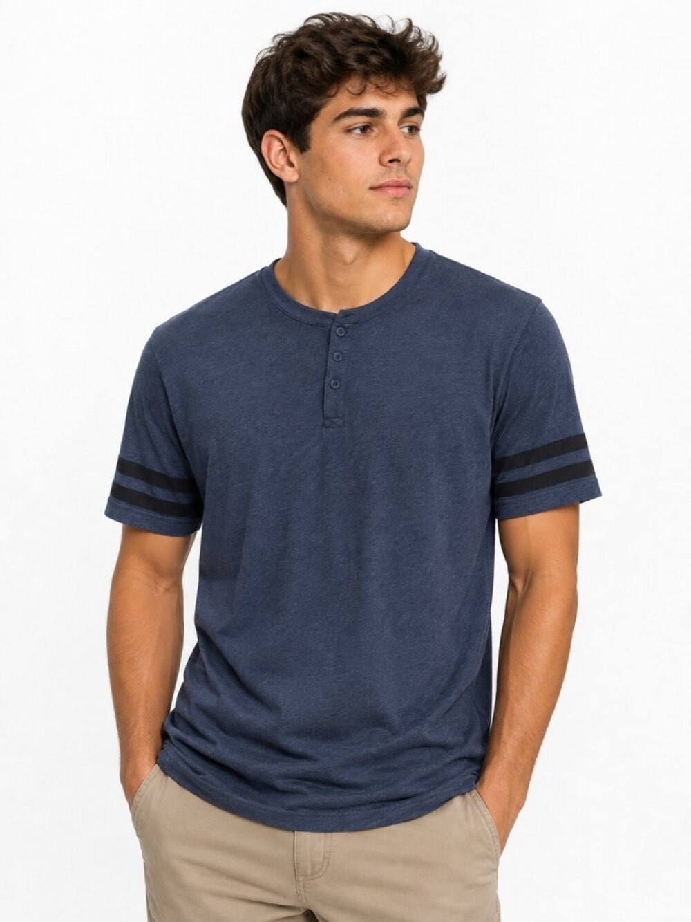 Vans Men’s Blue Henley Tee Medium | Classic Stripe Sleeve Logo Shirt